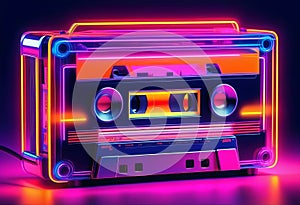 Vintage cassette tape player in neon light. 90s advertisement style. Disco party nostalgy concept photo