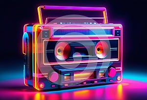 Vintage cassette tape player in neon light. 90s advertisement style. Disco party nostalgy concept photo