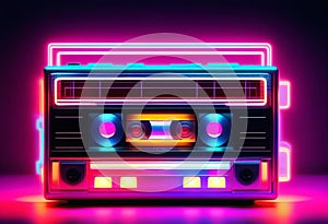 Vintage cassette tape player in neon light. 90s advertisement style. Disco party nostalgy concept photo