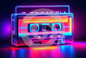 Vintage cassette tape player in neon light. 90s advertisement style. Disco party nostalgy concept photo