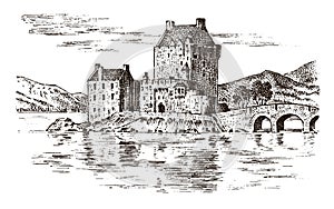 Vintage Castle in Scotland. Graphic monochrome landscape. Engraved hand drawn old sketch. Fortress or tower. Stone