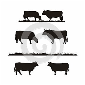 Vintage Cattle Angus Cow & Grass silhouette livestock farm logo design vector illustration set