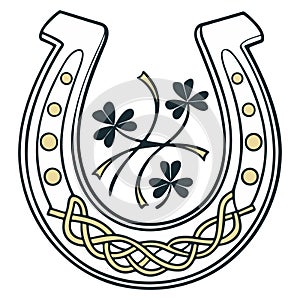 Vintage Celtic horseshoe with shamrocks and intricate knot pattern symbolizing Irish luck in a detailed folklore inspired photo