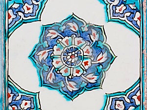 Vintage ceramic tiles with blue color design on wall of historical Topkapi palace, Istanbul.