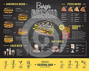 Vintage chalk drawing burger menu design. Fast food menu