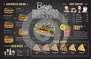 Vintage chalk drawing burger menu design. Fast food menu