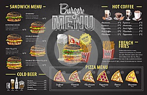Vintage chalk drawing burger menu design. Fast food menu