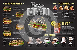 Vintage chalk drawing burger menu design. Fast food menu