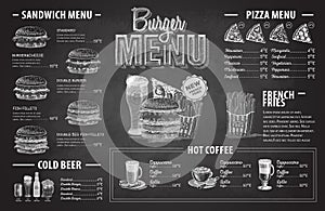 Vintage chalk drawing burger menu design. Fast food menu