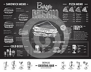 Vintage chalk drawing burger menu design. Fast food menu