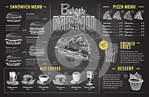 Vintage chalk drawing burger menu design. Fast food menu