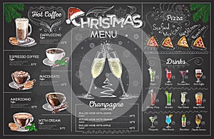 Vintage chalk drawing christmas menu design with champange. Restaurant menu