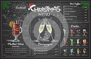 Vintage chalk drawing christmas menu design with champange. Restaurant menu