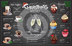 Vintage chalk drawing christmas menu design with champange. Restaurant menu