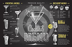 Vintage chalk drawing cocktail menu design. Beverages menu