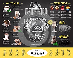 Vintage chalk drawing coffee menu design. Fast food menu