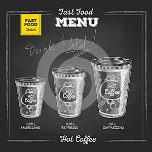 Vintage chalk drawing fast food menu. Hot coffee