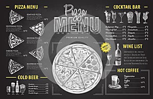 Vintage chalk drawing pizza menu design. Restaurant menu