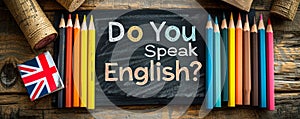 Vintage chalkboard with Do You Speak English? question, British flag, and pencils on rustic wooden backdrop, representing