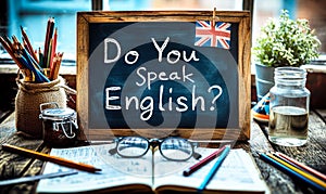 Vintage chalkboard with Do You Speak English? question, British flag, and pencils on rustic wooden backdrop, representing