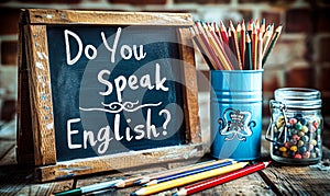 Vintage chalkboard with Do You Speak English? question, British flag, and pencils on rustic wooden backdrop, representing