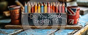 Vintage chalkboard with Do You Speak English? question, British flag, and pencils on rustic wooden backdrop, representing