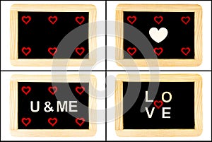 Vintage Chalkboards with red hearts and word LOVE