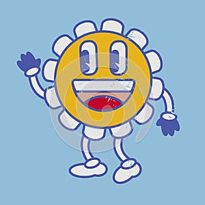 Vintage chamomile flower emoji laughing smile. Retro naive emoticon.