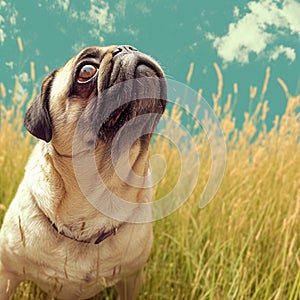 Vintage charm Old pug gazes at the horizon in a meadow