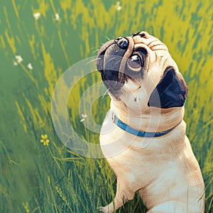 Vintage charm Old pug gazes at the horizon in a meadow