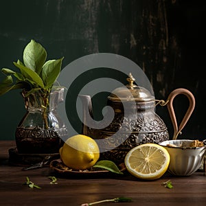 Vintage Charm: Old Tea Kettle and Bergamots on Wooden Table photo