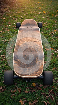 Vintage charm Weathered wooden skateboard rests peacefully on vibrant grass