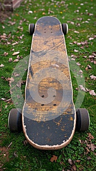 Vintage charm Weathered wooden skateboard rests peacefully on vibrant grass