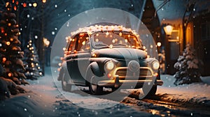 Vintage Charm in a Winter Wonderland: Small Car Adorned with Christmas Lights in Snowy Forest