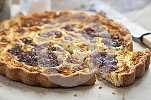 Vintage cheddar caramelised red onion quiche photo