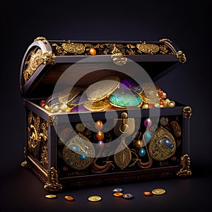 vintage chest with jewels and golden coins isolated on black, fairy tale illustration