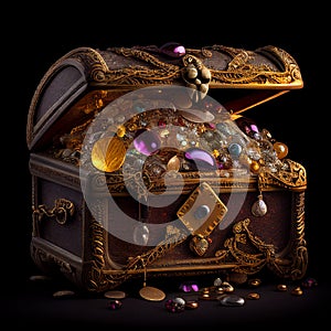 vintage chest with jewels and golden coins isolated on black, fairy tale illustration