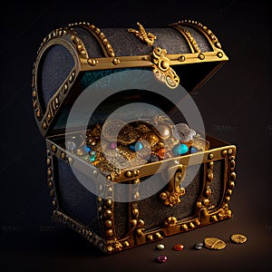 vintage chest with jewels and golden coins isolated on black, fairy tale illustration
