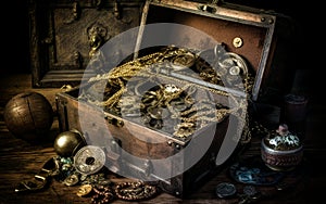 vintage chest with pirate treasures, jewelry, generative ai