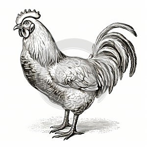 Vintage Chicken Stamp Print: Black And White Sketch Drawing On White Background