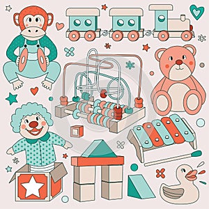 Vintage Children Toys Vector Set Illustrations - Cymbal Banging Monkey, Wooden Train, Teddy Bear, Roller Coaster, Clown Surprise B