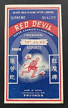 Vintage China Macau Red Devil Firecrackers Macao Firecracker Label Fireworks Labels Collection Retro Graphic Design Colorful Print