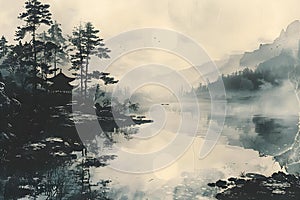Vintage Chinese landscape drawing of a lake, trees, and fog in black and white. Concept Chinese
