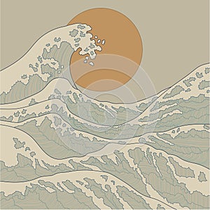 Vintage chinese style sea waves and sun. Cartoon retro vector illustration in traditional colors