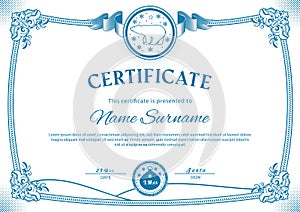 Vintage Chrismtas certificate. Polar bear and Christmas bag in stamps,Blue border on white background.