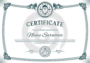 Vintage Chrismtas certificate. Santa Claus, Snowman stamps, Turquoise border on white background