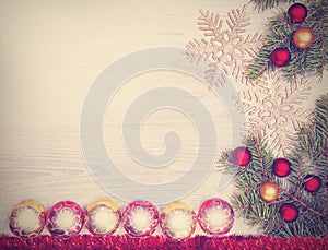 Vintage Christmas background, decoration on a wooden board.