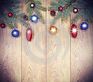 Vintage christmas background, decoration a wooden board.