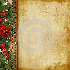 Vintage Christmas background with holly and firtree photo