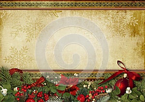 Vintage Christmas background with holly and firtree photo
